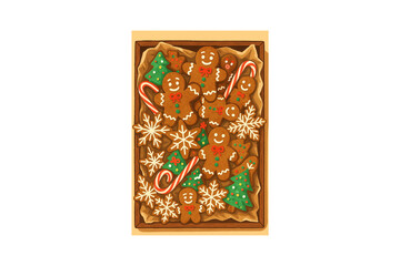 Top View of a Tray with Assorted Christmas Gingerbread Cookies, Christmas Card, Poster Illustration perfect for holiday celebrations Design