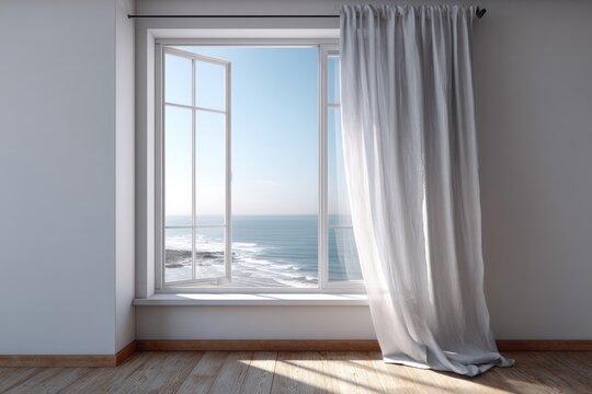 Bright interior space features an open casement window revealing a sunny ocean vista. - Powered by Adobe