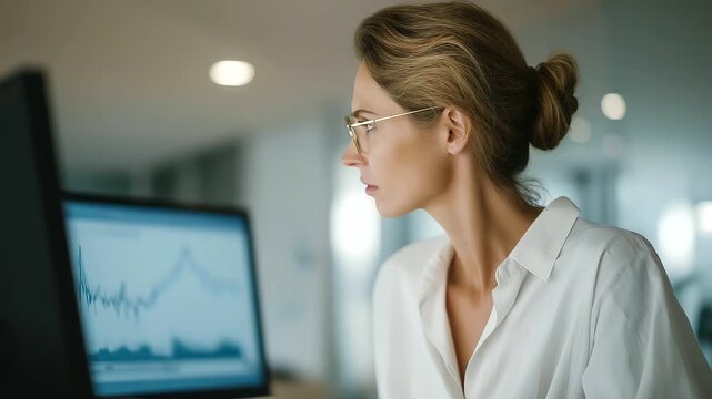 female data scientist analyzing renewable power output trends on interactive dashboard muted clicks modern energy analytics cinematic color correction, gentle backlight, clean negative space, high - Powered by Adobe