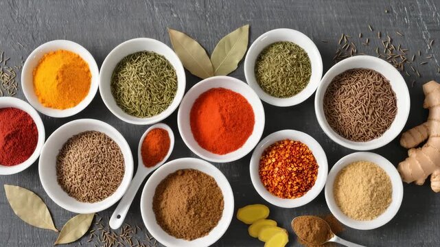 Assorted ground and whole spices like turmeric, cumin, chili and herbs displayed in white bowls on a dark surface. Bright, colorful ingredients. Culinary concept with natural seasonings.