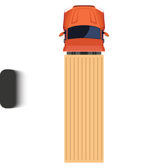 Top View Of An Orange Truck And A Long Cargo Container On A White Background With A Shadow