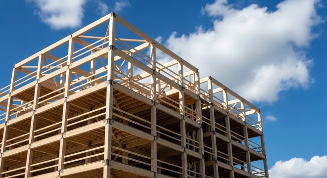 A cross laminated timber structure under construction against a blue sky with white clouds on a sunny day