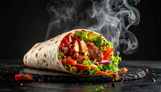 Food photography of a shawarma wrap with chicken, salad, and tomato sauce, wrapped in a white tortilla on a black background with smoke coming out of it delicious