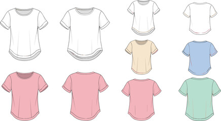 T-shirt flat sketch, fashion cad drawing, front angled back view, crew neck short sleeve, apparel design, cad drawing flat vector illustration