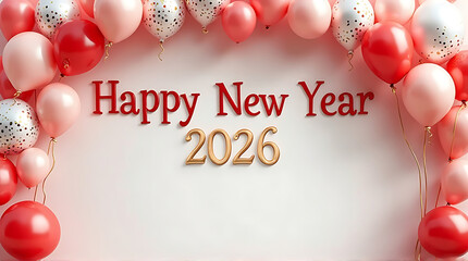 Festive New Year's greeting with balloons framing the "Happy New Year 2026" text.