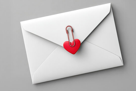 Valentine's day love letter concept with blank envelope and red heart paperclip on gray background for romantic design and stationery
