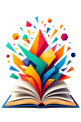 open book releasing colorful geometric shapes, knowledge explosion concept, flat vector design, no background