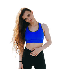 A woman in a black sports bra and leggings against transparent background.