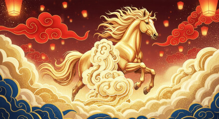 Golden steed riding on clouds to celebrate the New Year