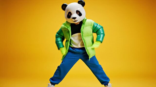 Person in friendly giant panda mask and vibrant green puffer jacket with blue pants and white sneakers making peace sign gesture against bright yellow studio background, urban street style dance