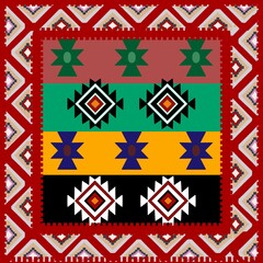African ethnic tribal-inspired pattern in bright red and yellow tones balanced by soft base hues. The design brings a fresh, fun, and ethnic twist to traditional tribal art, ethnic a vibrant and dyna