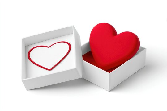 Valentine's day gift packaging concept with white box and heart design on uniform white background