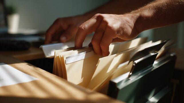 Man arranging paper file folder in wooden filing drawer, warm light and focused hands convey organized workspace and practical workflow