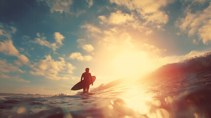 Surfer Holding Board and Facing Ocean Waves at Sunrise – Inspirational Adventure and Freedom Concept with Golden Light