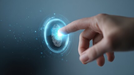Fingerprint sensor biometric security authentication with glowing holographic interface and human finger touch creating futuristic digital access energy