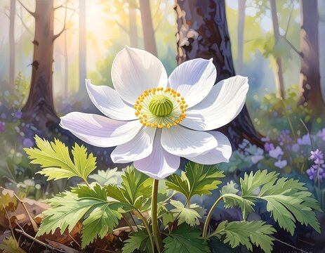 Close-up of a white flower with yellow center, surrounded by forest and sunlight