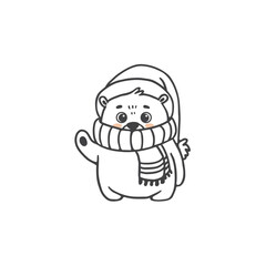 cute cartoon bear wearing a New Year's hat and scarf. Animal in Doodle style drawing for greeting cards, Christmas cards, banners and coloring pages. Vector illustration.