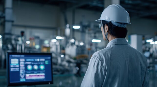 Industrial engineer monitoring factory control room with ai visualization and digital dashboard, wearing safety helmet and glasses, inspecting automated production line with focused expression
