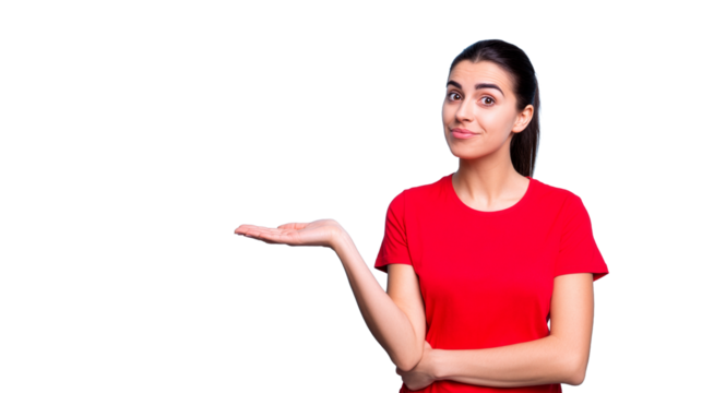 Young Latina Woman Presenting Blank Space with Open Hand