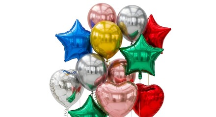 A vibrant collection of assorted colorful balloons in various shapes, including stars and hearts, isolated on a white background, perfect for celebrations