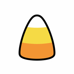 Illustration of a candy corn with white yellow and orange layers and a black outline on white background