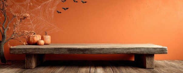 Rustic wooden table with pumpkins against orange wall for autumn and Halloween decor
