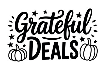 Grateful Deals text with pumpkins and stars is an illustration.