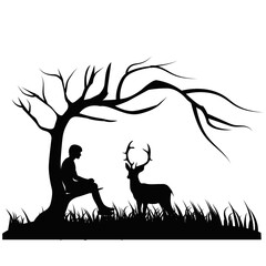Man and Deer Silhouette under Tree. Wildlife Friendship Vector Illustration. Human and Animal Connection Design