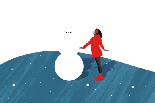 Sketch composite trend 3D collage of season advent Christmas holiday greeting card happy winter young lady stand huge snowman outdoors