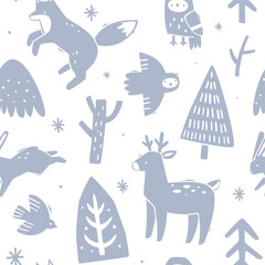 Stamp pattern with nordic animals. Seamless vector print with winter forest animals.