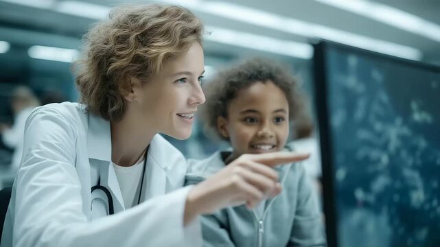 female researcher showing satellite data to students in computer lab soft clicking global science innovation learning cinematic color correction, gentle backlight, clean negative space, high