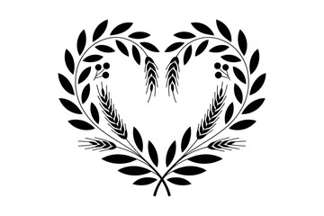 A black heart-shaped wreath made of olive branches and wheat ears on a white background.
