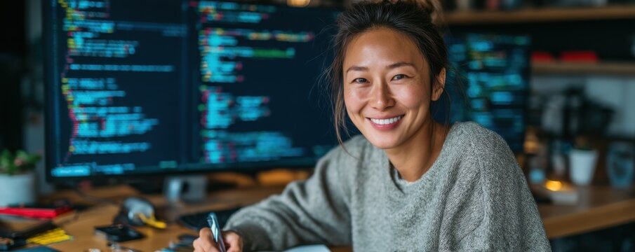 Asian woman coding at a desk with dual monitors, smiling, and focused on work