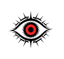 A graphic vector illustration of a stylized tribal eye, featuring a bold red and black iris surrounded by sharp, swirling details and prominent, thorn-like spikes.