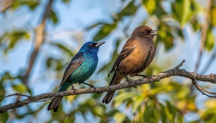 Naklejka premium Blue Grosbeak and Dusky Cowbird