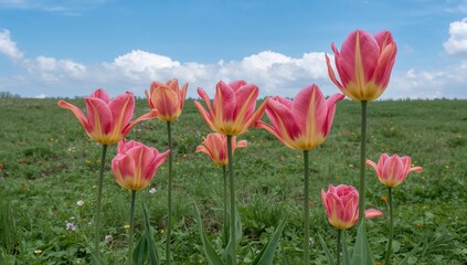 Obraz premium Vibrant tulips blooming in the garden, seasonal change