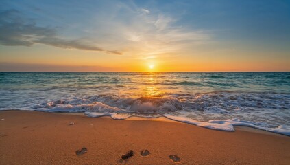 Beach with waves and footprints at sunset, relaxation and tranquility