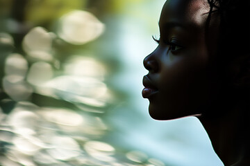 Nature Scene Featuring a Woman Posing by a Shimmering Lake with Sun-Kissed Skin and Blurred Forest Reflections in the Background.