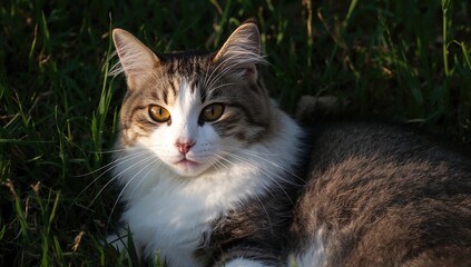 Striped feline resting on green grass, showcasing peacefulness in nature