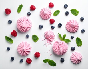 White table, scattered pink meringues, raspberries, blueberries, mint leaves, top view.