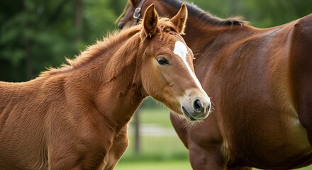 Fototapeta premium Close-up of a young foal with its mother, both with brown coats, in a green field