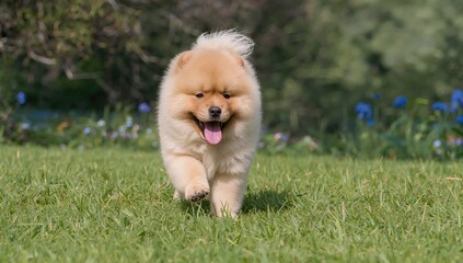 Charming chow chow puppy frolics on the lawn, playful energy