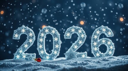 New Year 2026 holiday inscription glowing in the snow