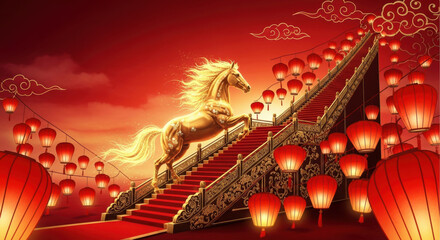 Golden Horse Ascending the Stairs symbolizes ascending step by step