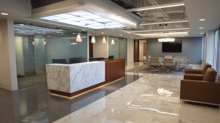 A sleek office lobby showcases modern design with marble accents and ample seating for visitors.