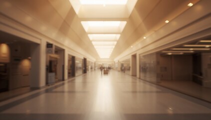 Obraz premium Out-of-focus corridor inside a shopping center illuminated by daylight, perfect for background designs, advertisements, and marketing banners.