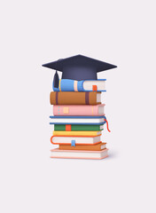 Stack of books with graduation cap symbolizing education, knowledge and academic success. 3D Vector Web Illustration.