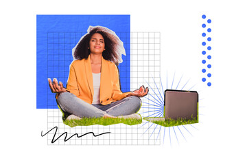 Composite trend artwork sketch image photo collage of young lady student worker sit balance...