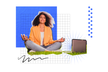 Composite trend artwork sketch image photo collage of young lady student worker sit balance meditate remote job laptop internet