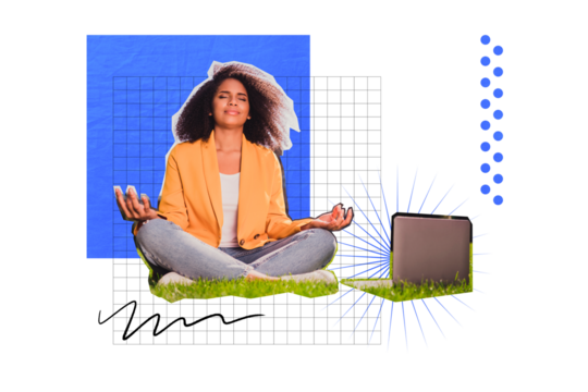 Composite trend artwork sketch image photo collage of young lady student worker sit balance meditate remote job laptop internet